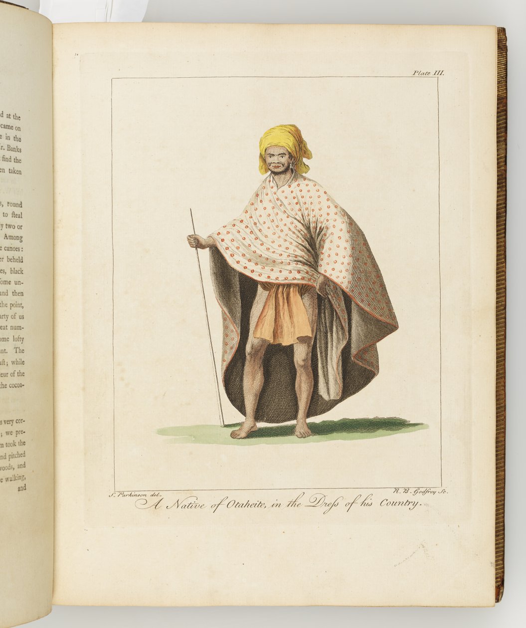 A Native of Otaheite, illustration fra A journal of a voyage to the South Seas: in His Majestys ship, the Endeavour, 1794 (håndkoloreret gravering) af Sydney