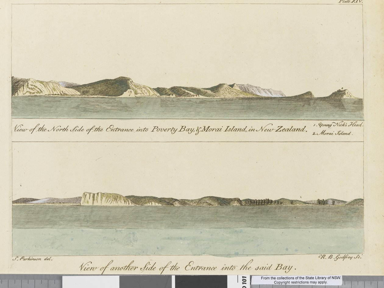 Illustration fra A journal of a voyage to the South Seas: in His Majestys ship, the Endeavour, 1794 (håndkoloreret gravering) af Sydney