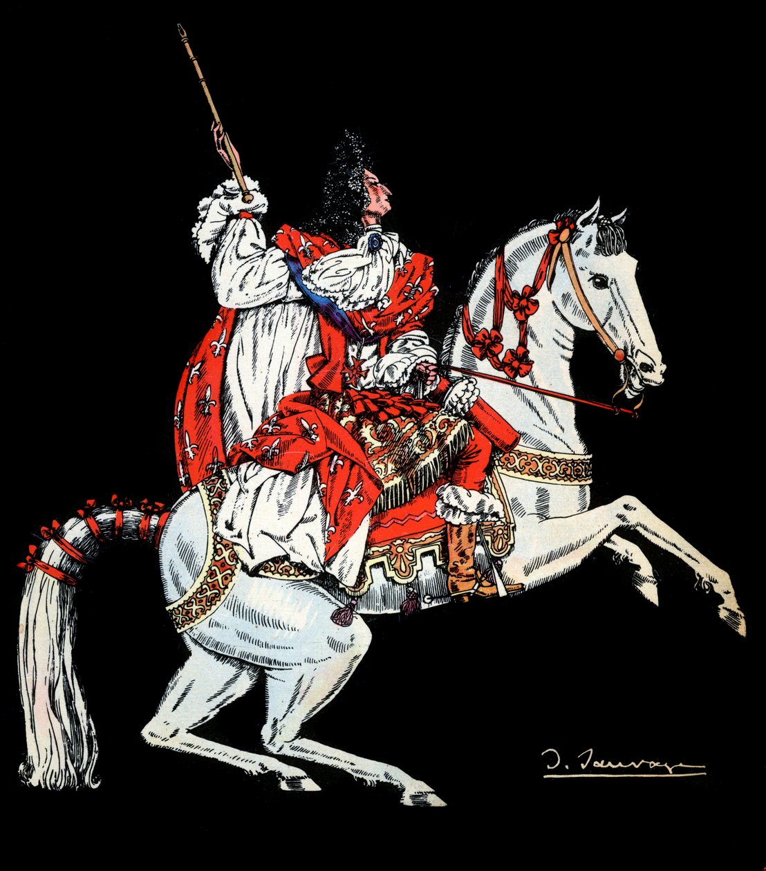 Rytterportræt af Ludvig XIV (1638 -1715), konge af Frankrig - Illustration af Sylvain Sauvage (1888-1948) til bogen "Louis XIV" af Frantz Funck-Brentano (1862-1947) fra 1938 - Pas på! Brug af dette af Sylvain Sauvage