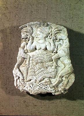 Låg af en pyxis forestillende Dyrenes Elskerinde, der fodrer to vilde geder, ca. 1200-1150 af Syrian Syrian