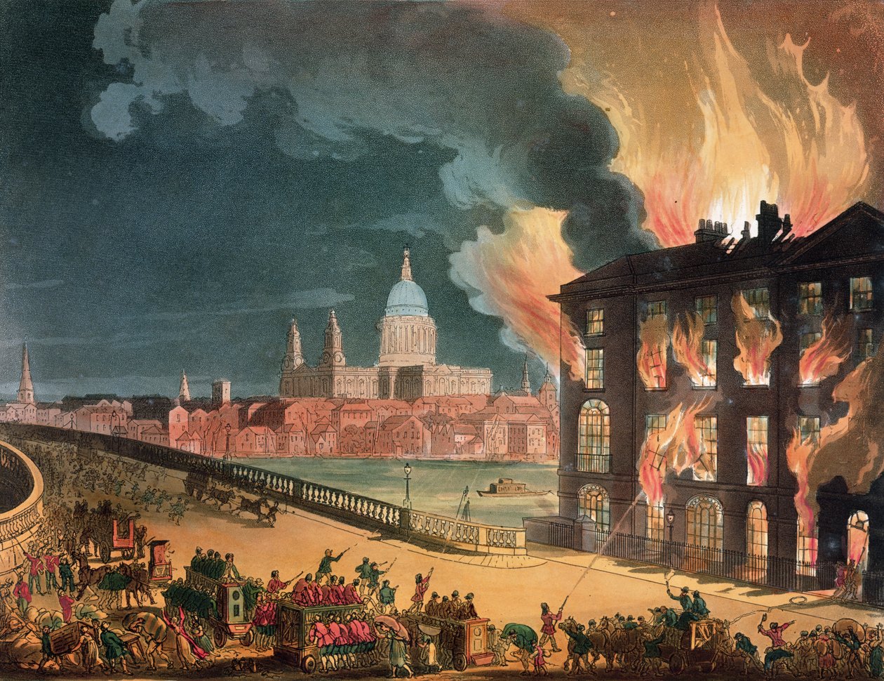 Brand ved Albion Mill, Blackfriars Bridge, fra Ackermanns 