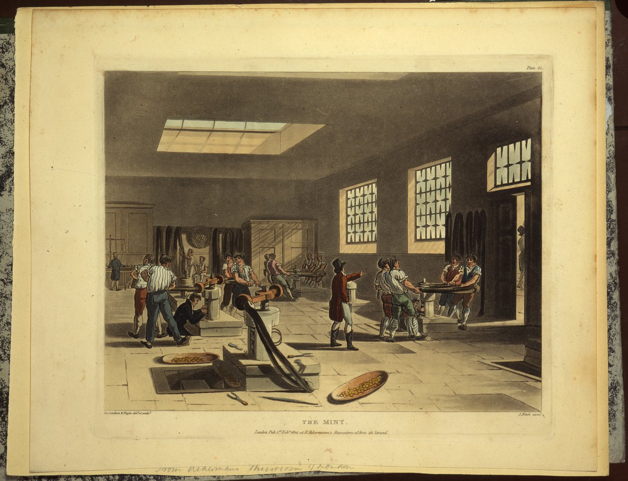 Skruepresser ved den kongelige mønt i tårnet, udgivet af R. Ackerman, 1809 af Pugin and Rowlandson