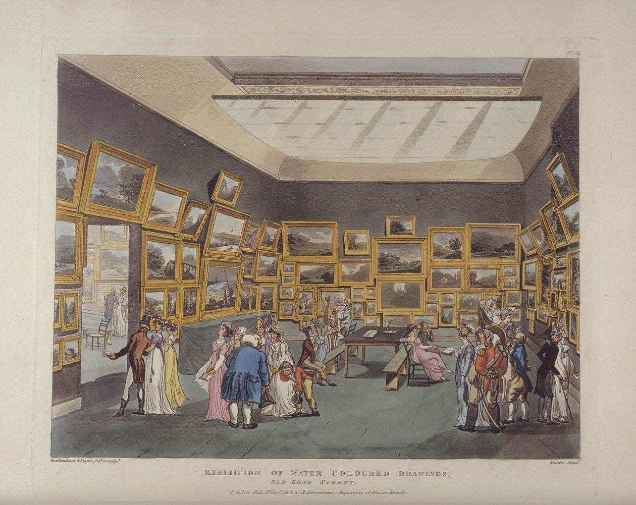 Udstilling af vandfarvede tegninger, Old Bond Street, plade 34, fra Ackermanns Microcosm of London, eller London i miniature, udgivet af Rudolph Ackermann (1764-1834) graveret af Joseph Constantin af T. and Pugin Rowlandson