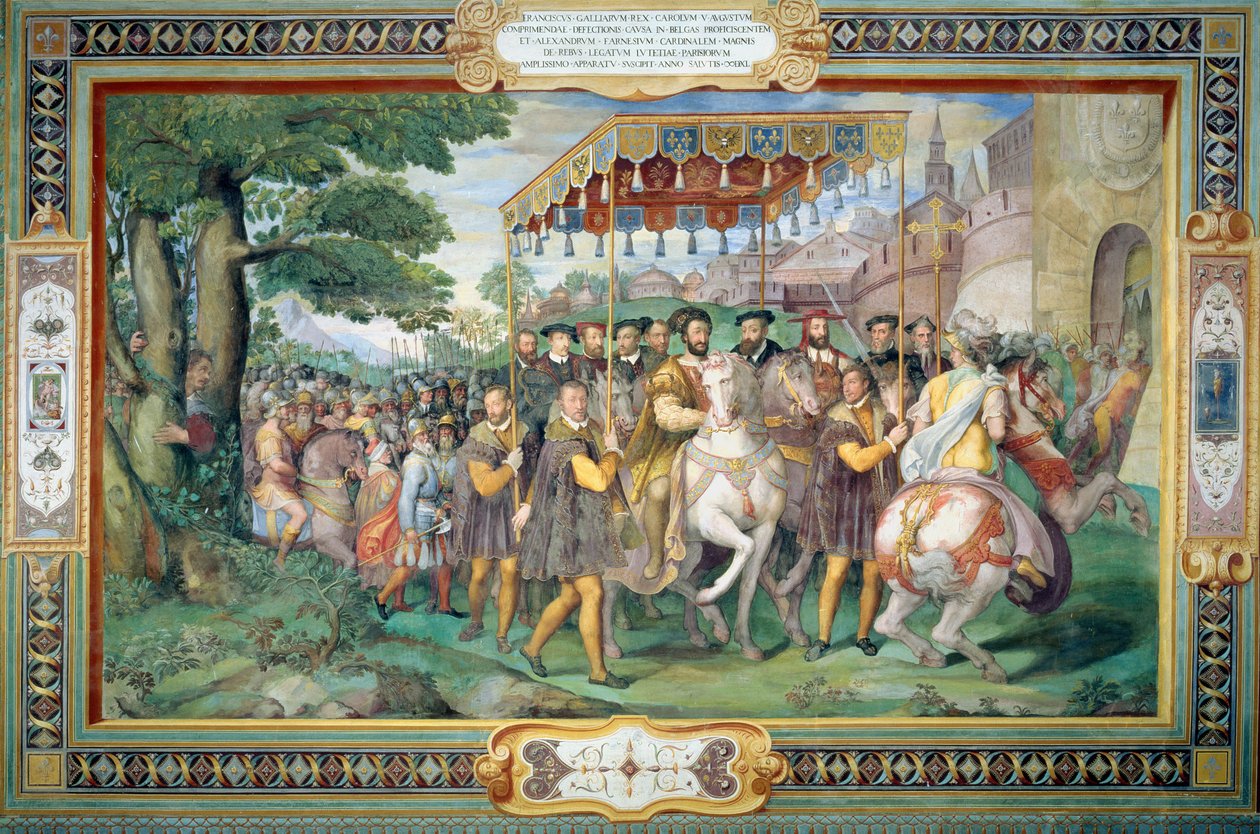 Frans I (1494-1547) og Alessandro Farnese (1546-92) på vej ind i Paris i 1540, fra "Sala dei Fasti Farnese" (Farnese-salen) 1557-66 af Federico Zuccaro