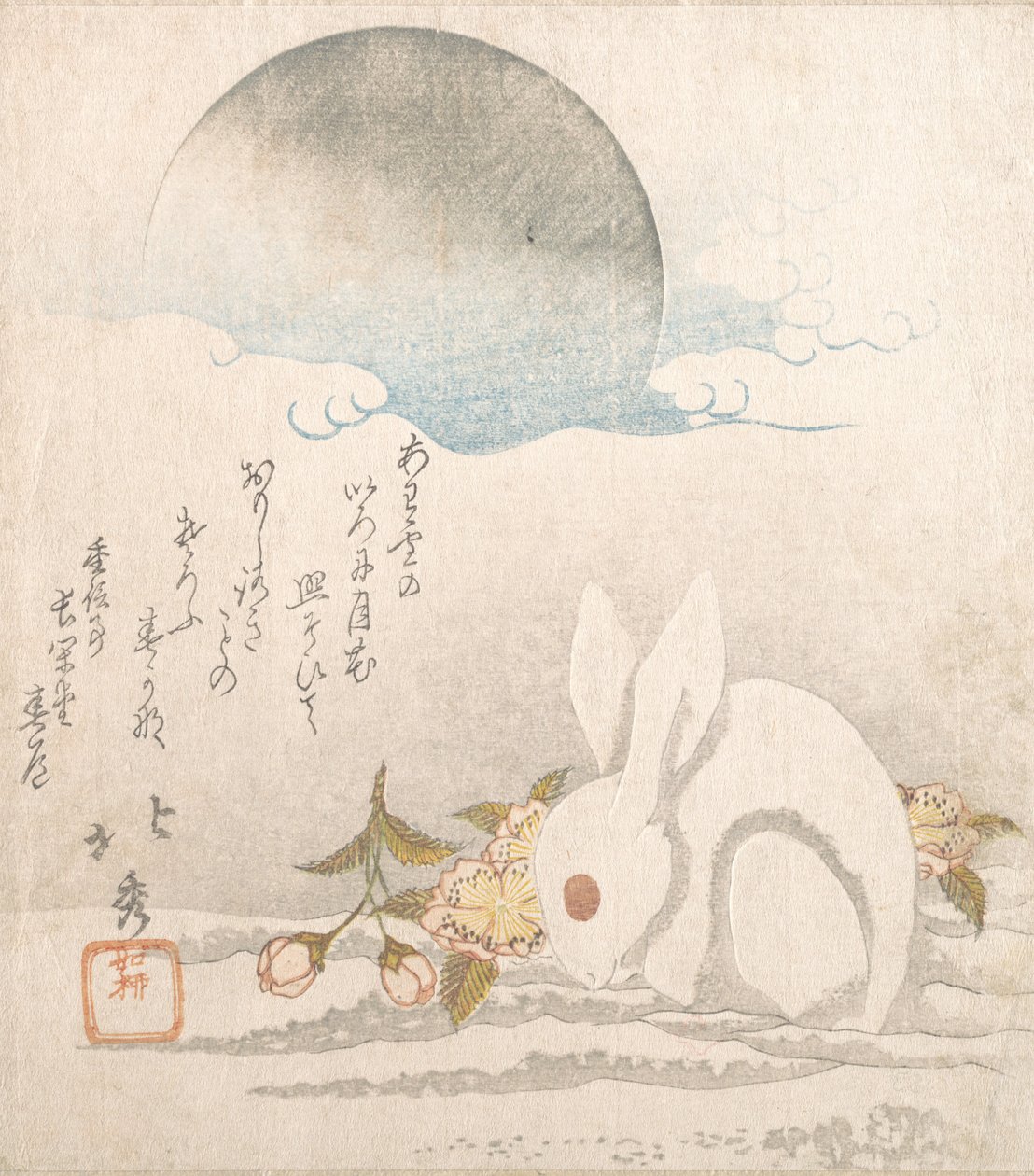 Måne, hvid hare i sne, sandsynligvis 1819. af Taisosai Hokushu