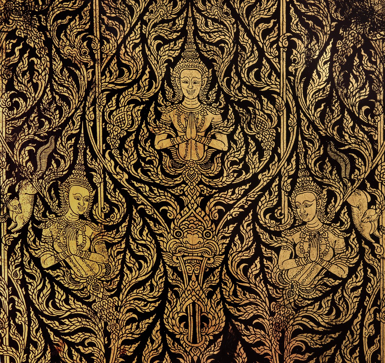 Detalje af et skab (lakeret træ) af Thai School