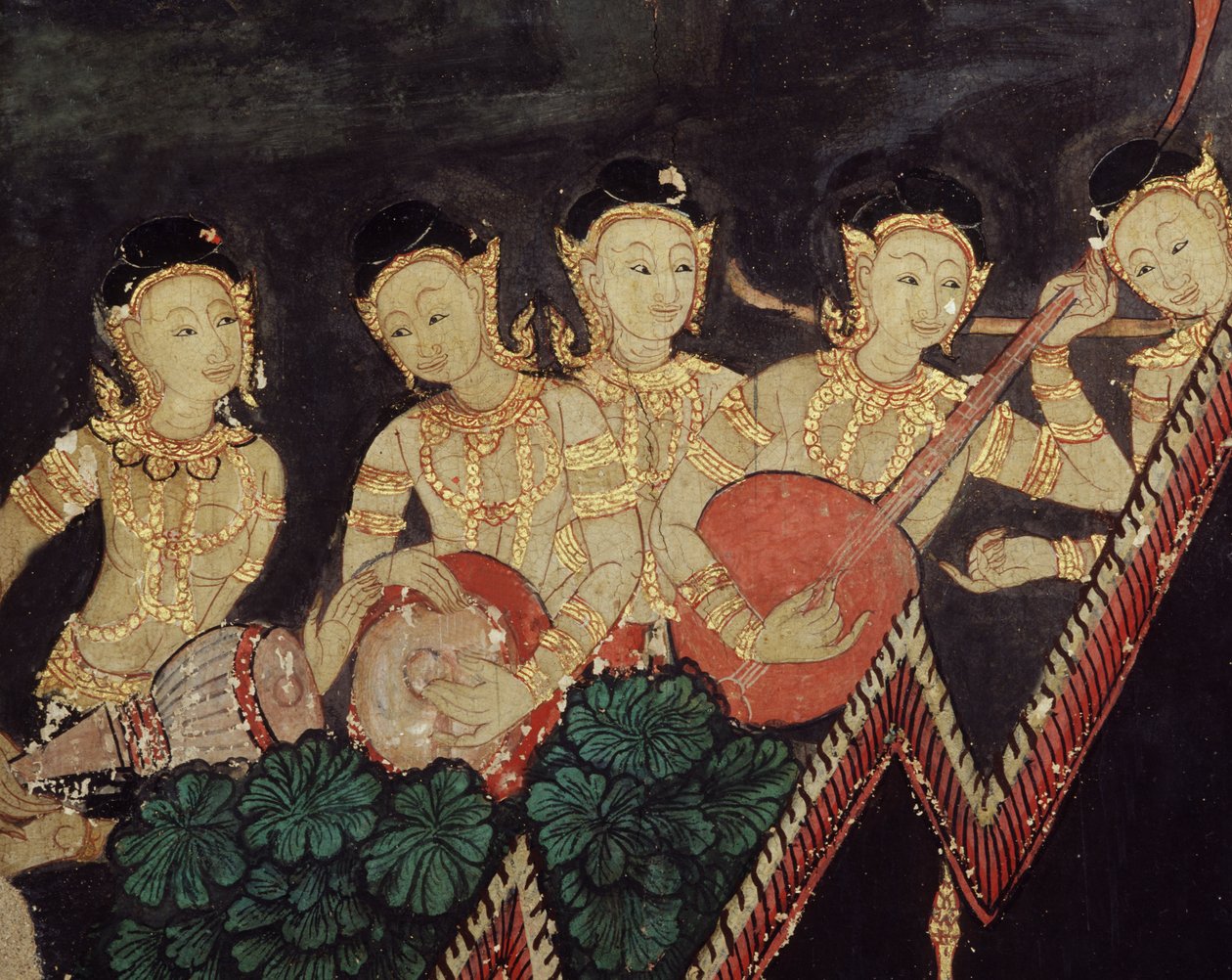 Detalje af himmelske musikere (vægmaleri) af Thai School