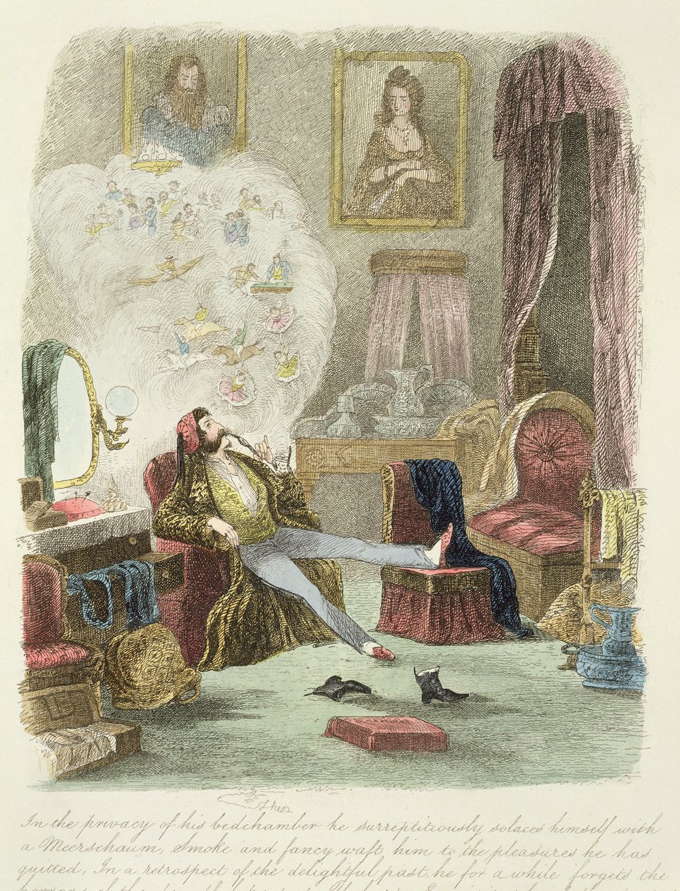 Illustration fra "Visitation of a London Exquisite to his Maiden Aunts in the Country", udgivet i 1859 (se også 193200, 203629, 203631) af Theo