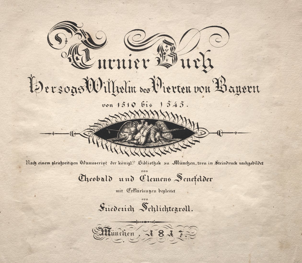 Bog om turneringer: Titelside af Theobald Senefelder