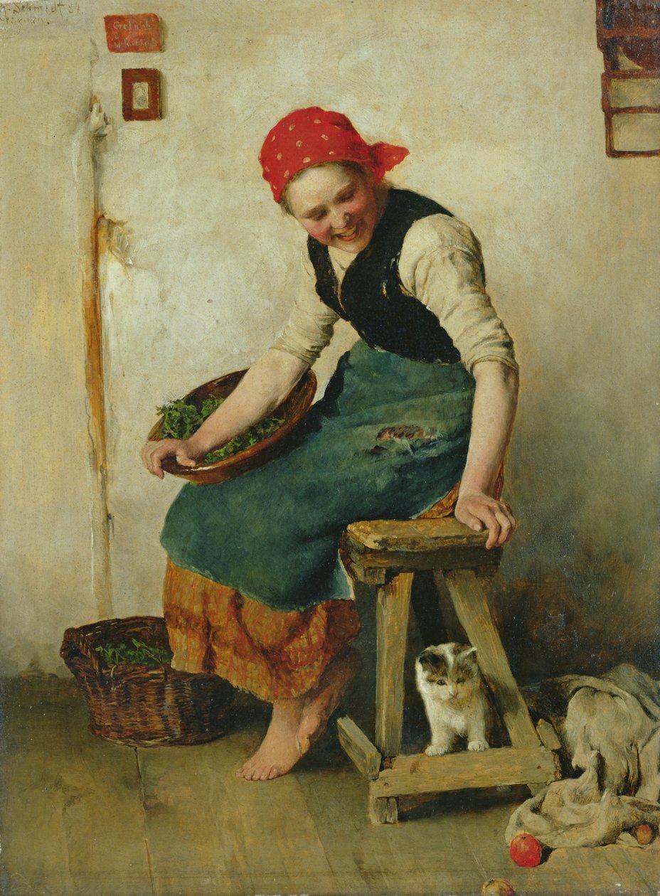 Ung pige med en kat, 1884 (olie på papir) af Theodor Schmidt