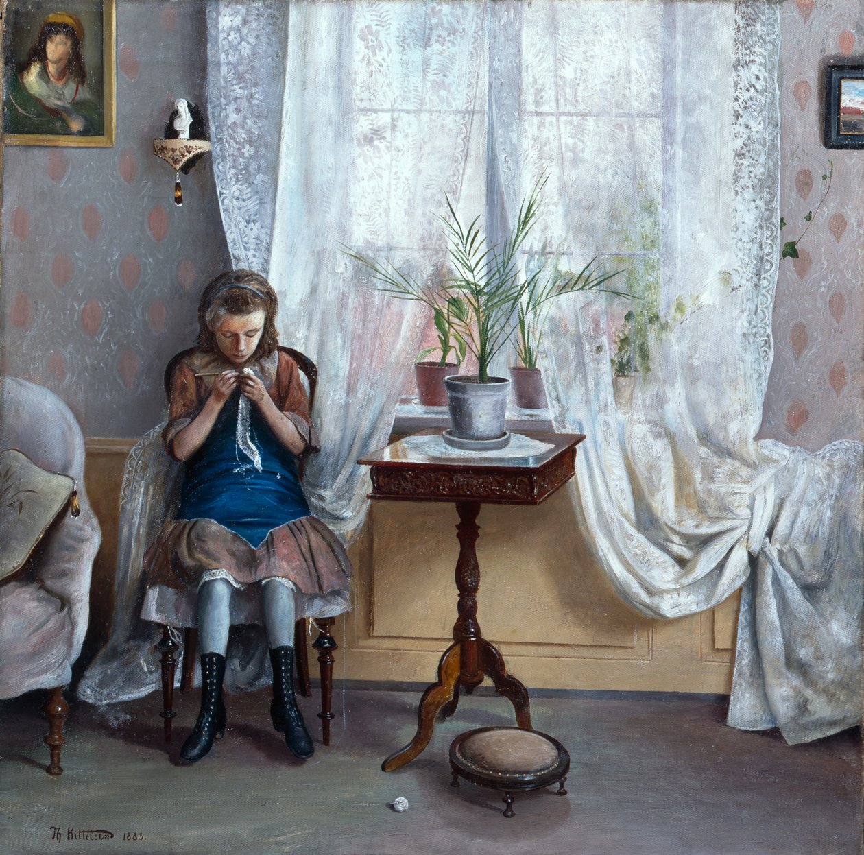 Interiør med pigehækling af Theodor Kittelsen