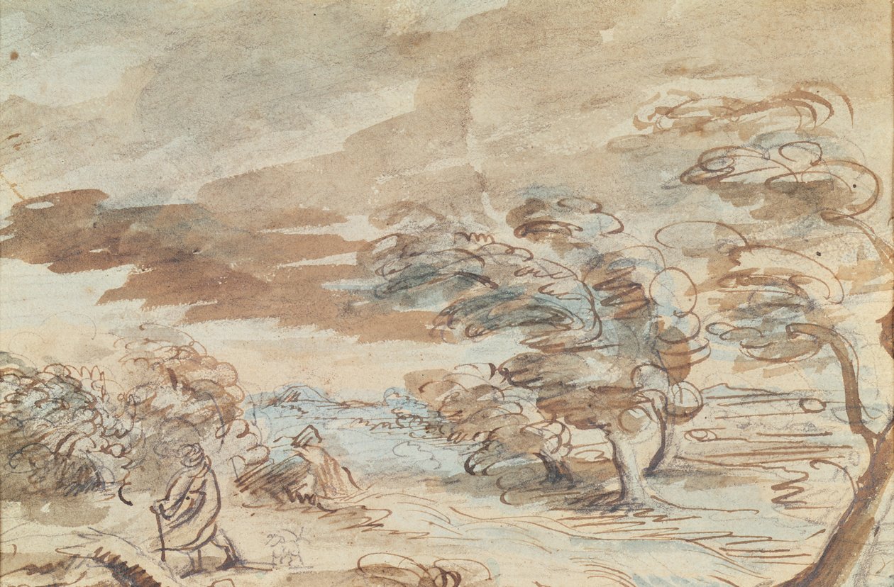 Landskab (pen og blækvask på papir) af Theodore Gericault