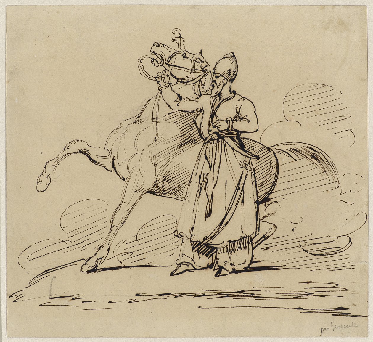 Persan tenant un cheval (Persian Holding a Horse), ca. 1817-22 (pen & brunt blæk med spor af grafit på vævet papir) af Theodore Gericault