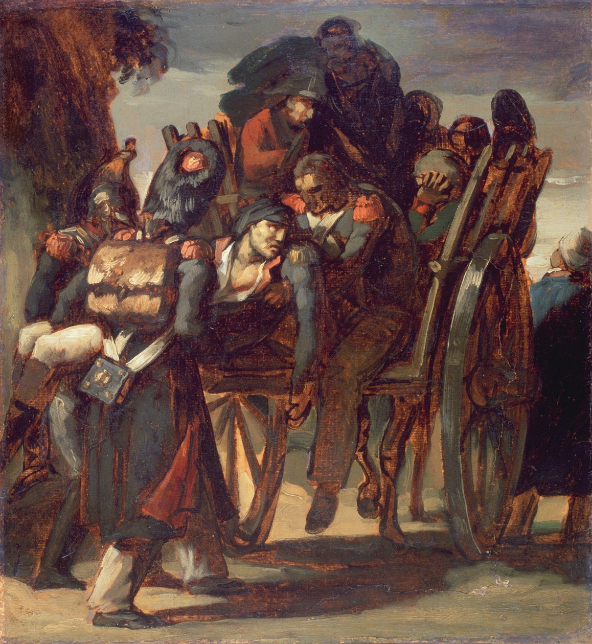 Sårede soldater i en vogn, 1814-17 (olie på papir lagt på lærred) af Theodore Gericault