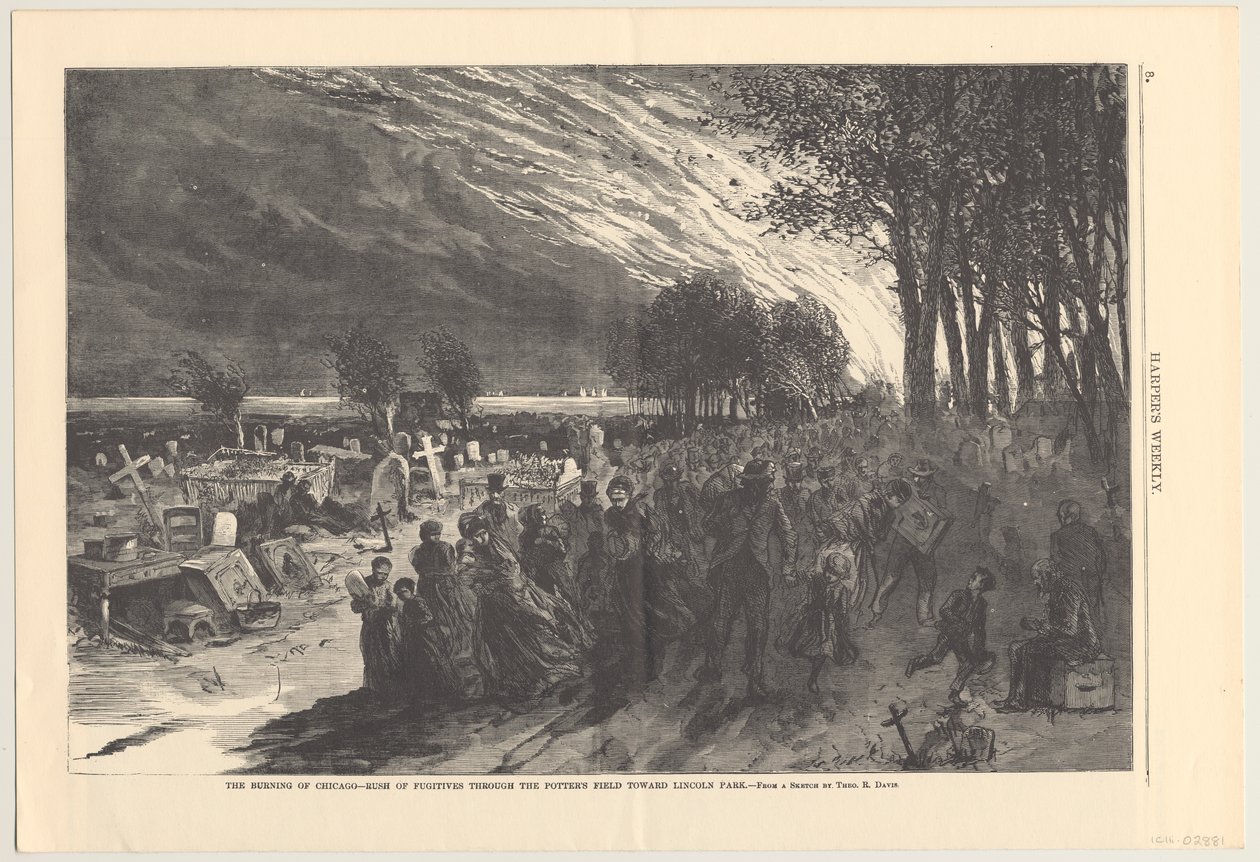The Burning of Chicago - sus af flygtninge gennem pottemagermarken mod Lincoln Park, illustration fra Harpers Weekly, 1871 af Theodore Russell Davis