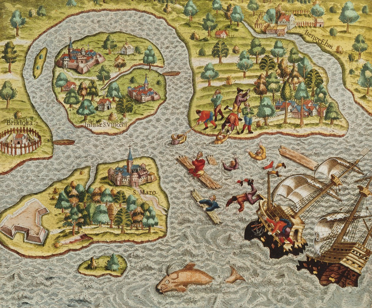 Et skibsvrag ud for en barbarisk kyst, fra Americae Tertia Pars.., 1562 af Theodore de Bry