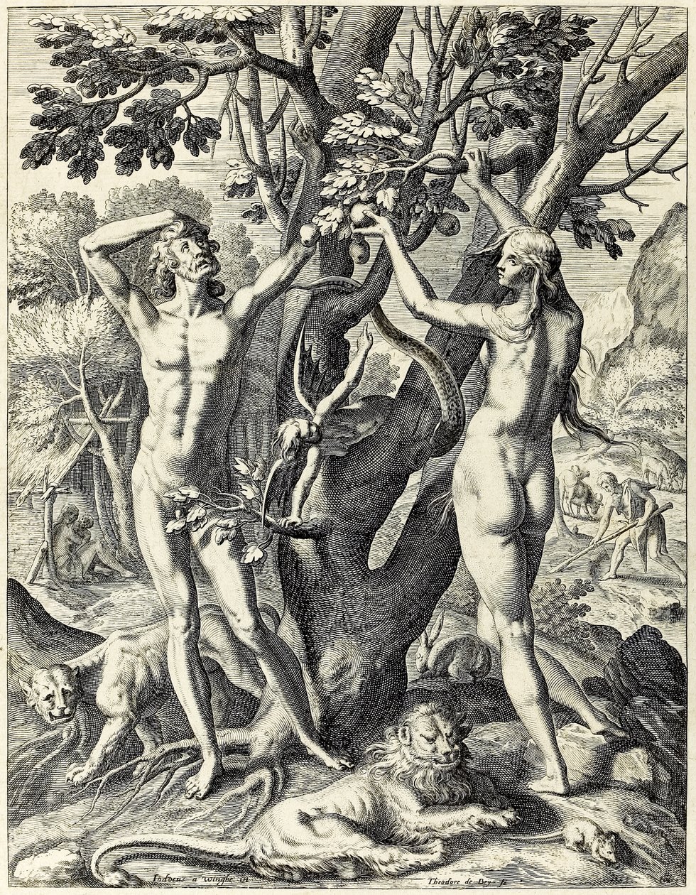 Adam og Eva i Edens have af Theodore de Bry