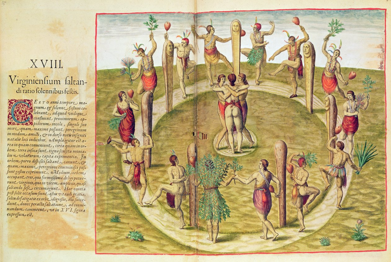 Admiranta Narratio, The Virginian Ritual Dance of Friendship (side 85), 1585-88 (farvegravering) af Theodore de Bry