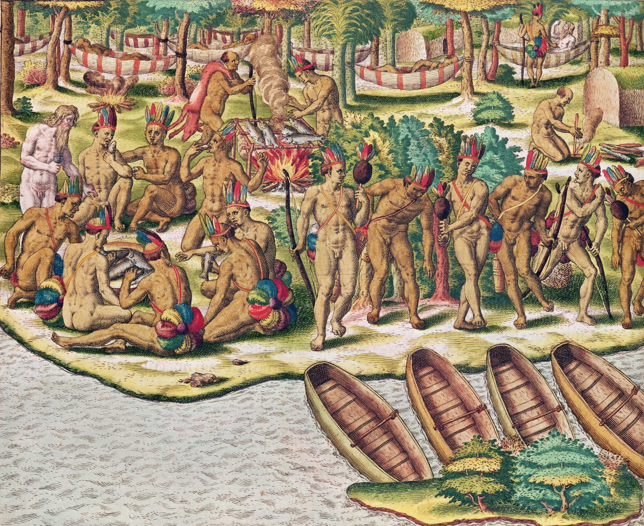 Americae Tertia Pars, Deliberating before an Expedition against the Enemies (side 432), 1563 (farvegravering) af Theodore de Bry