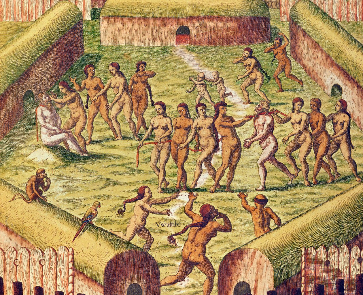 Americae Tertia Pars, fangen midt i den indfødte indiske landsby (side 353), 1562 (farvegravering) af Theodore de Bry