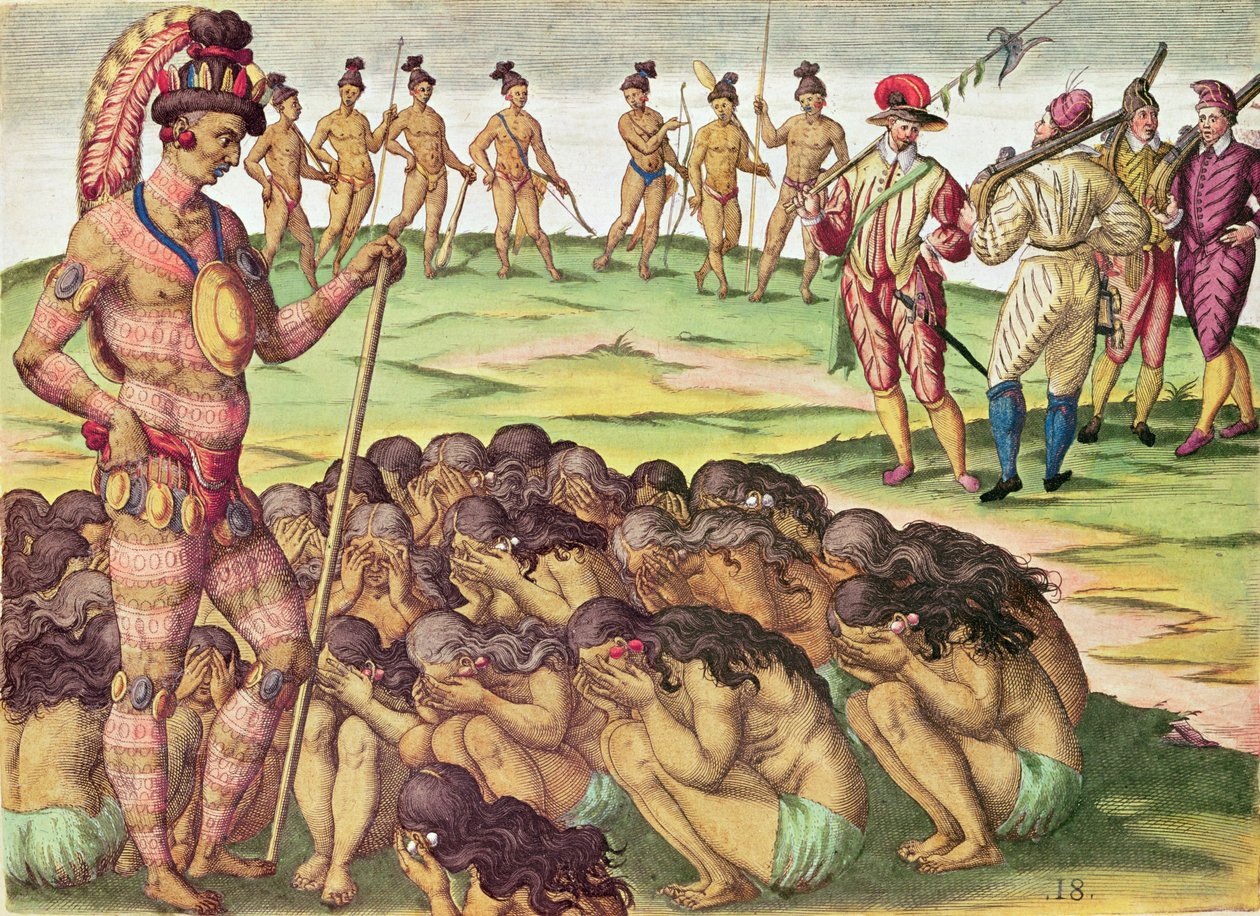 Brevis Narratio, kvinderne, hvis mand bliver dræbt i kamp eller døde af sygdom, hævdes af King (side 213), 1563 (farvegravering) af Theodore de Bry