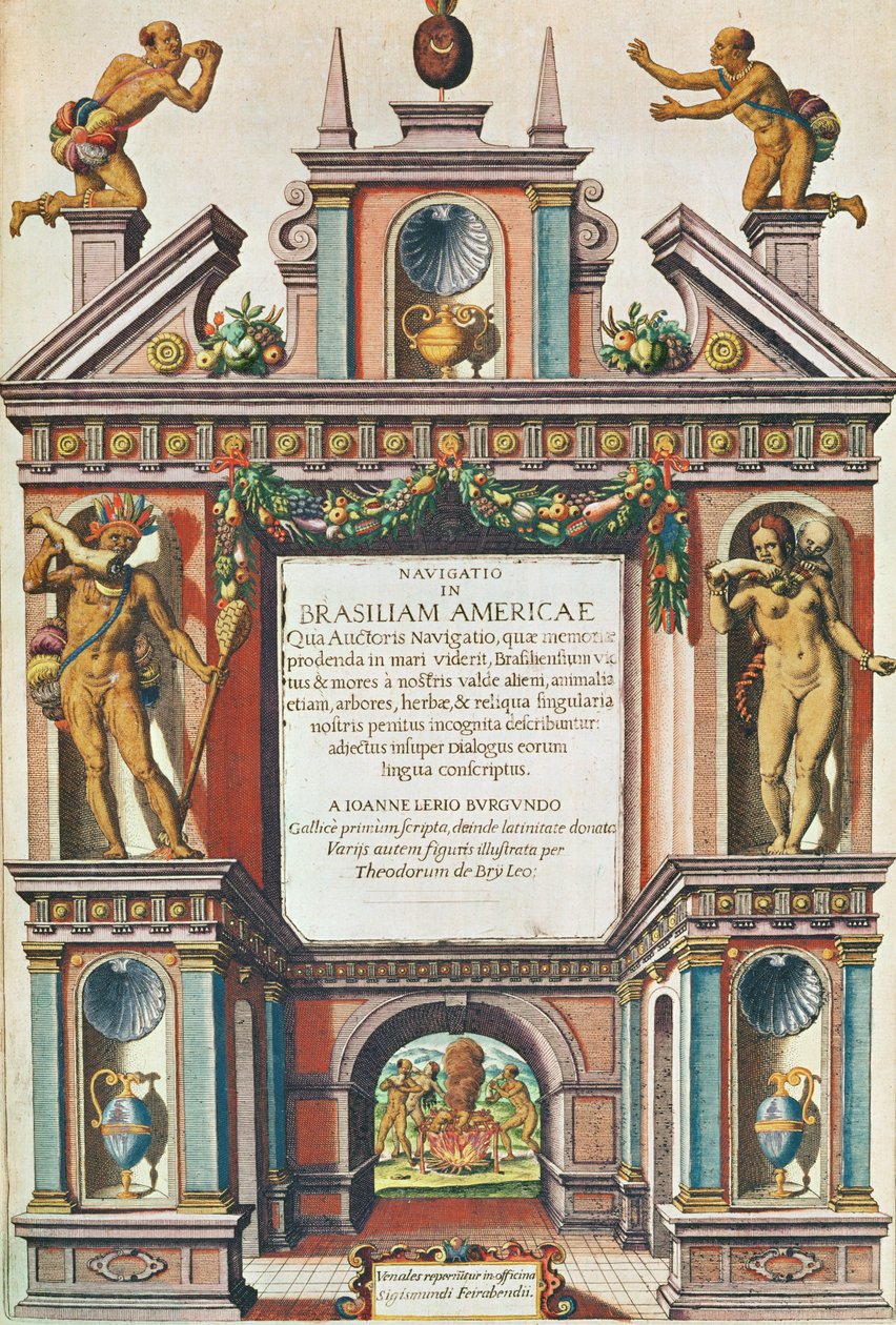 Navigation i det brasilianske Amerika. Frontispice (side 447), 1563 (farvegravering) af Theodore de Bry