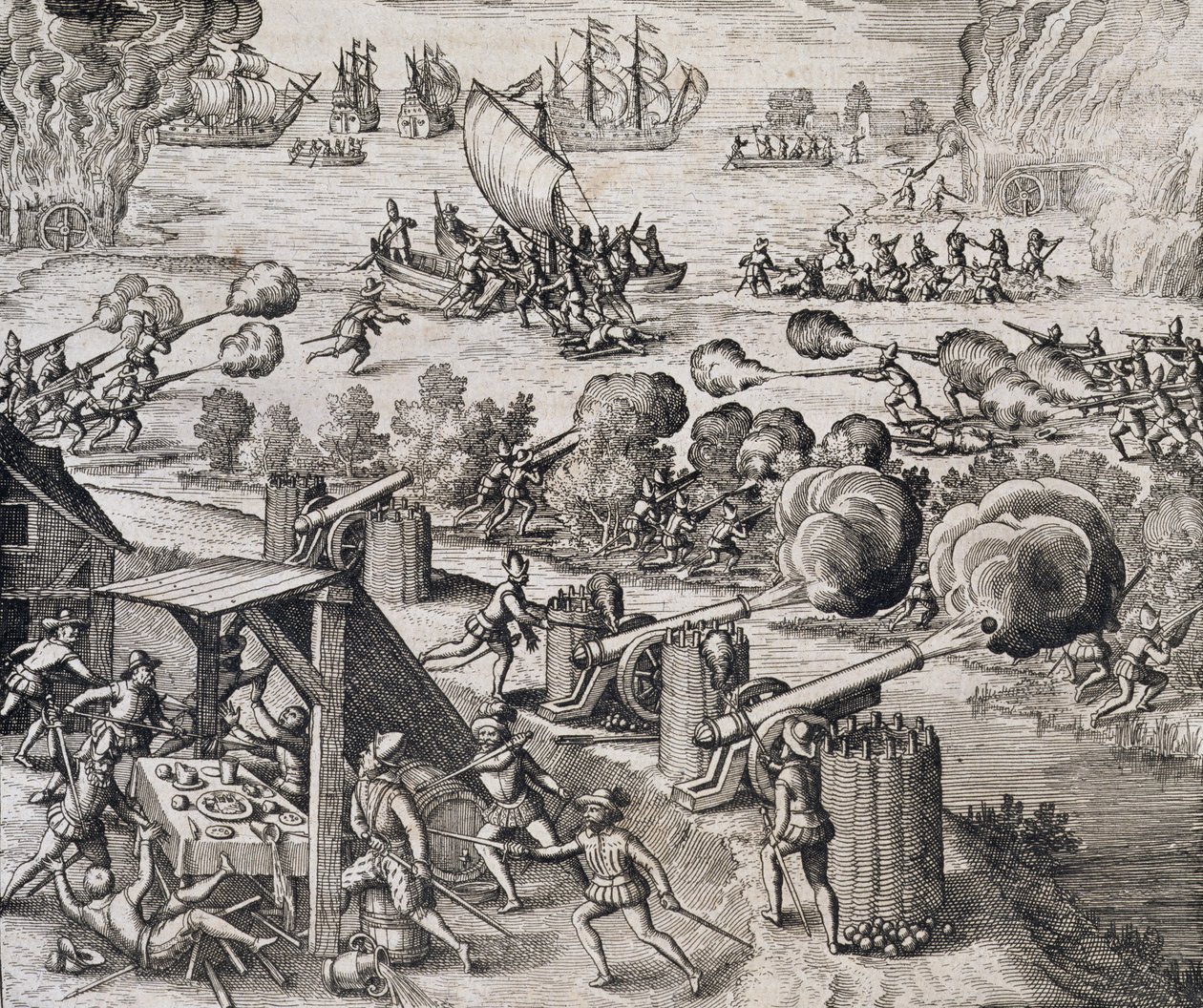 Den hollandske flåde angriber den spanske fæstning Gratiosa på Gran Canaria, fra "Newe Welt und Americanische Historien" af Johann Ludwig Gottfried, udgivet af Mattaeus Merian, Frankfurt, 1631 (gravering). af Theodore de Bry