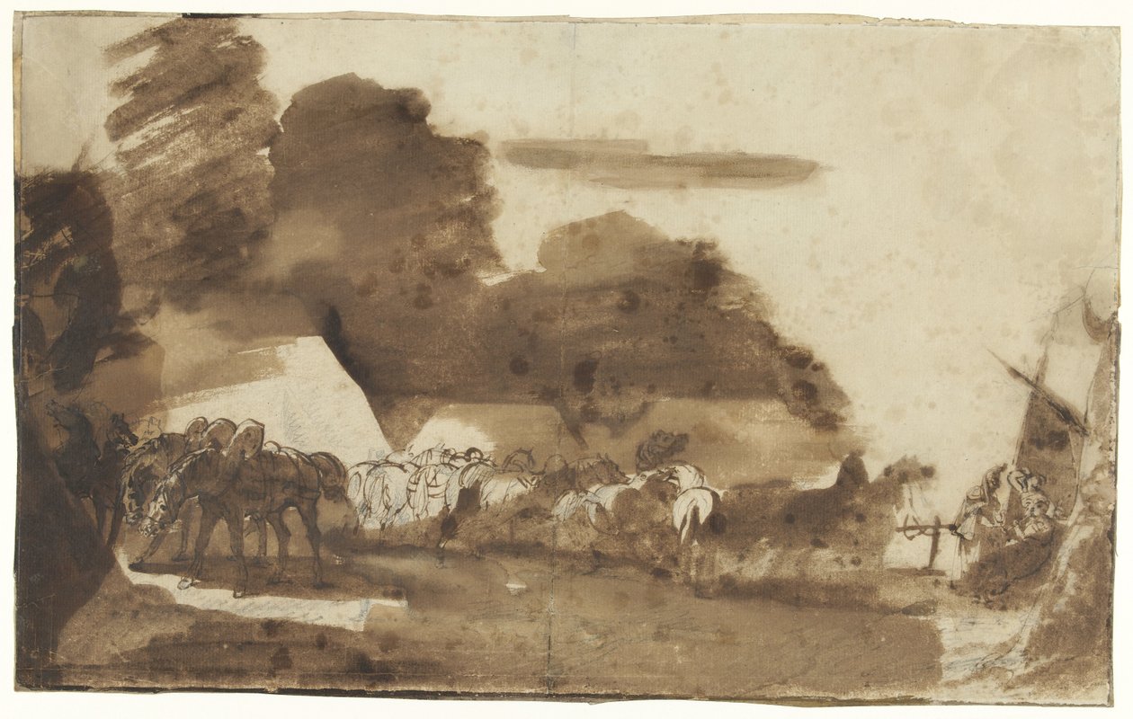 Bivuak med heste og soldater af Theodore Gericault