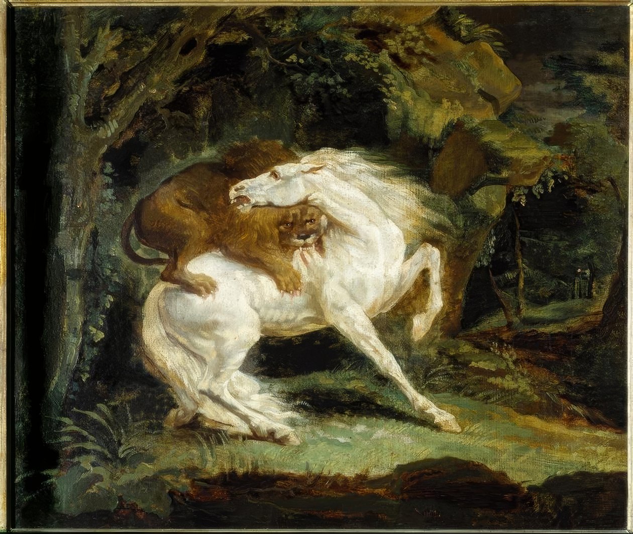 Hest angrebet af en løve af Theodore Gericault