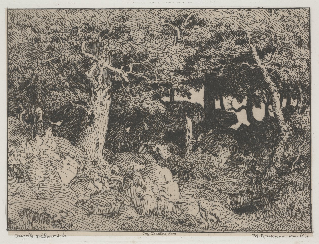 Egetræer og klipper af Pierre Etienne Theodore Rousseau