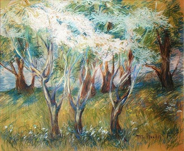 Orchard Giverny (pastel om bord) af Theodore Wendel