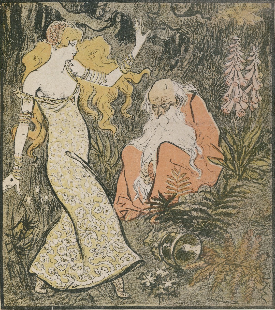 Fortrylleren Merlin og feen Vivien i skoven Broceliande, fra "Broceliande", et skuespil af Jean Lorrain (1855-1906) af Théophile Alexandre Steinlen