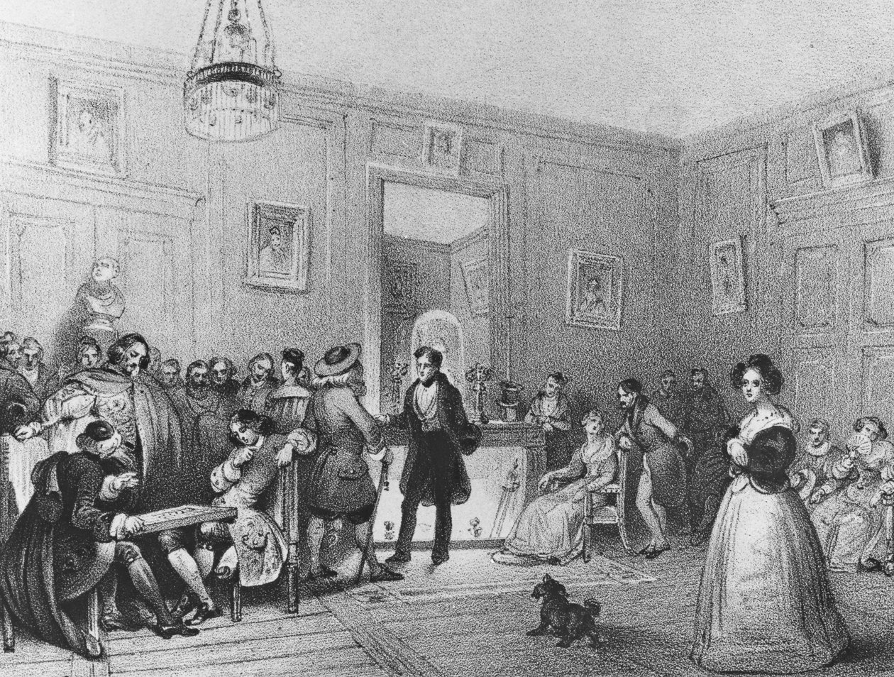 Skuespillernes foyer i Théâtre Français, graveret af Pierre Joseph Challamel, ca. 1850