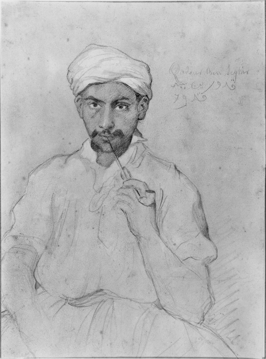 Araber ryger pibe (blyant og gouache på papir) af Théodore Chassériau