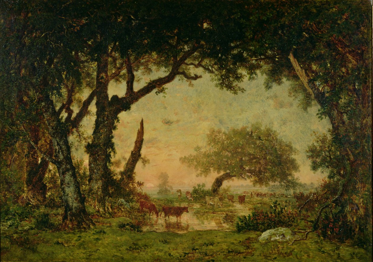 The Edge of the Forest at Fontainebleau, Solnedgang, 1850-51 af Pierre Etienne Theodore Rousseau