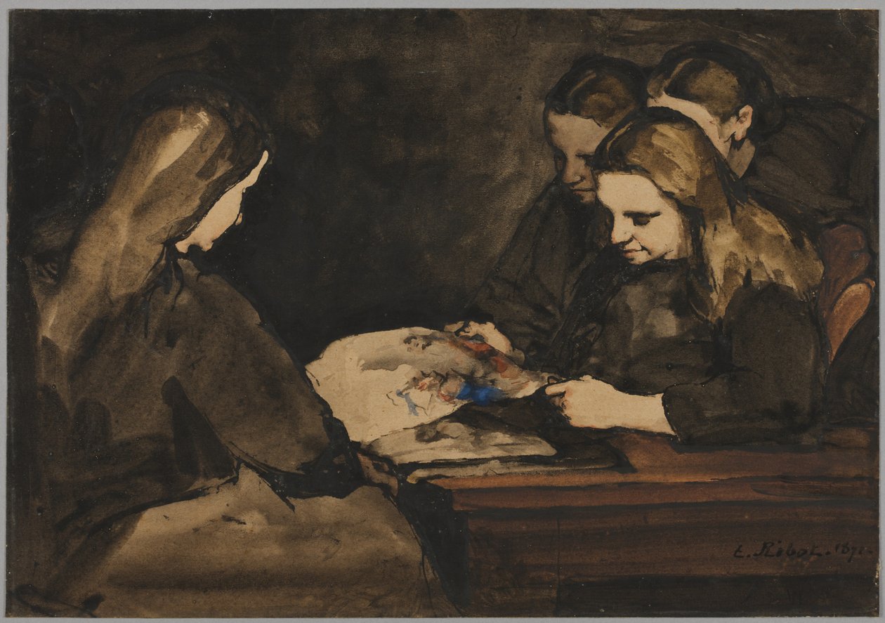 Fire piger studerer en tegning, 1876. af Auguste Theodule Ribot