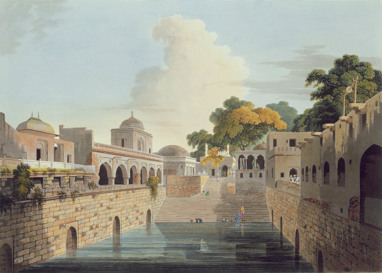 En Baolee nær den gamle bydel i Delhi, planche XVIII fra del 4 af "Oriental Scenery", pub. 1802 (akvatint) af Thomas und William Daniell