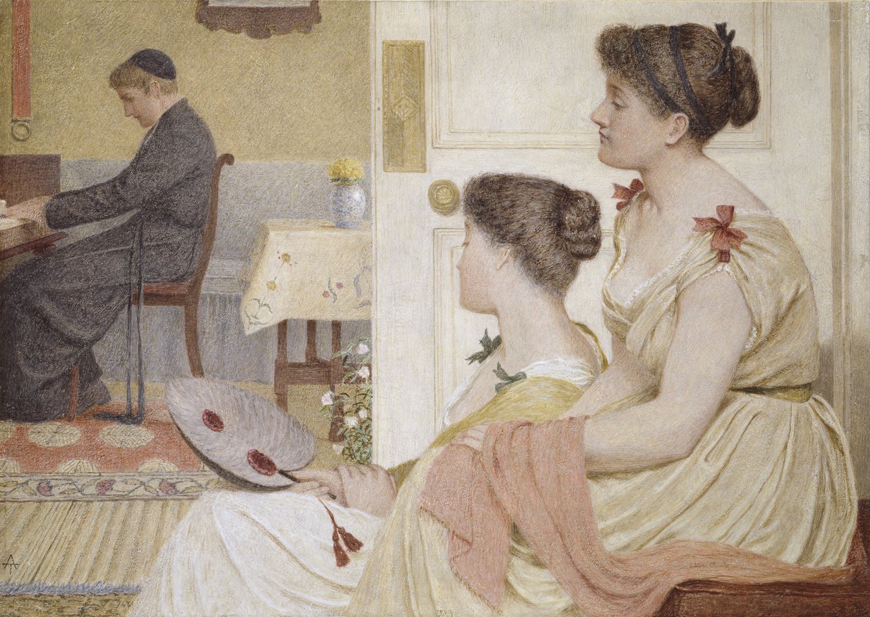 Scene i salonen med en ung præst ved klaveret (pastel og olie) af Thomas Armstrong
