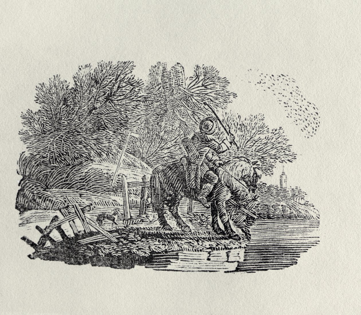 En rytter distraheret af en fugleflok (trægravering) af Thomas Bewick