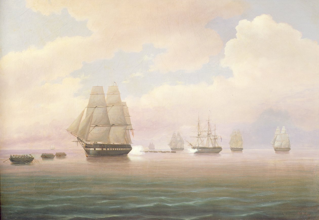 Flugten fra den amerikanske fregat Constitution, 1838 af Thomas Birch