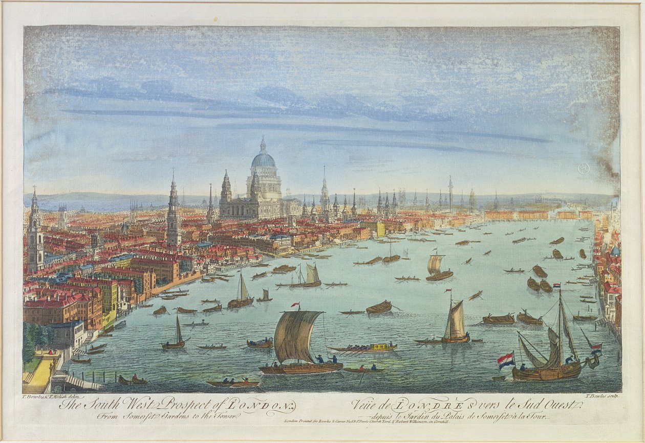South West Prospect of London, fra Somerset Gardens til Tower (farvelitografi) af Thomas Bowles