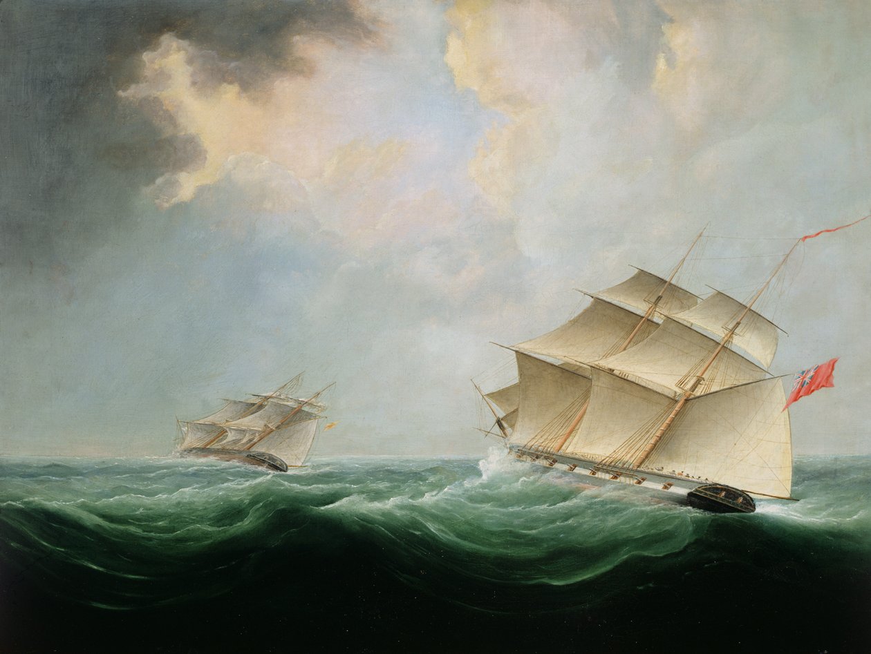 En flådebrig, der forfølger en anden brig af Thomas Buttersworth
