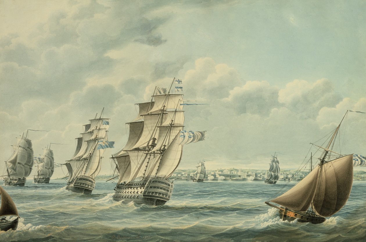 Britiske skibe blokerer Cadiz i 1797, 1797 (wc på papir) af Thomas Buttersworth