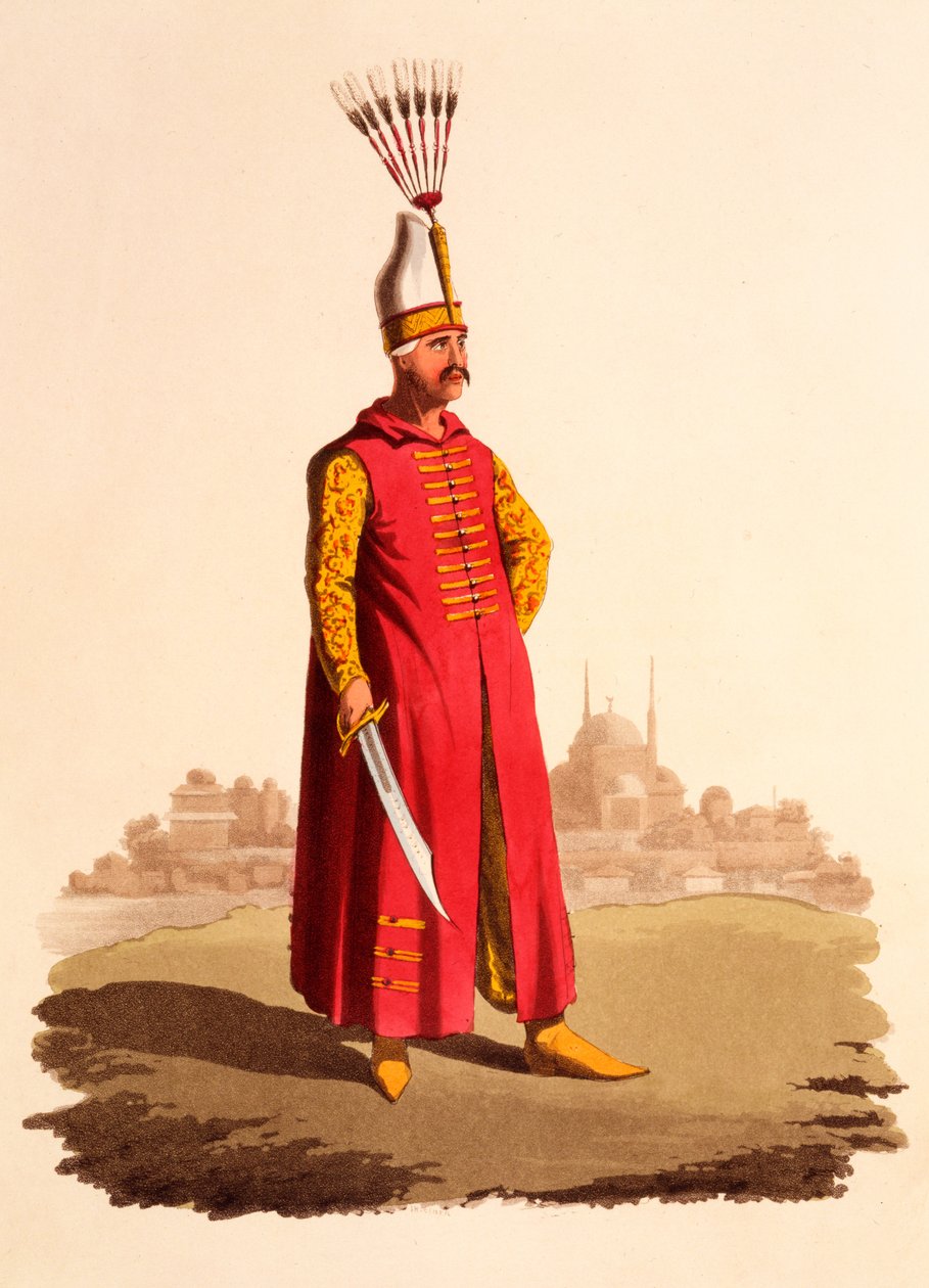 Officer fra Janitsharerne, fra "The Military Costume of Turkey", udgivet i 1818 (håndkoloreret akvaratint) af Thomas Charles Wageman