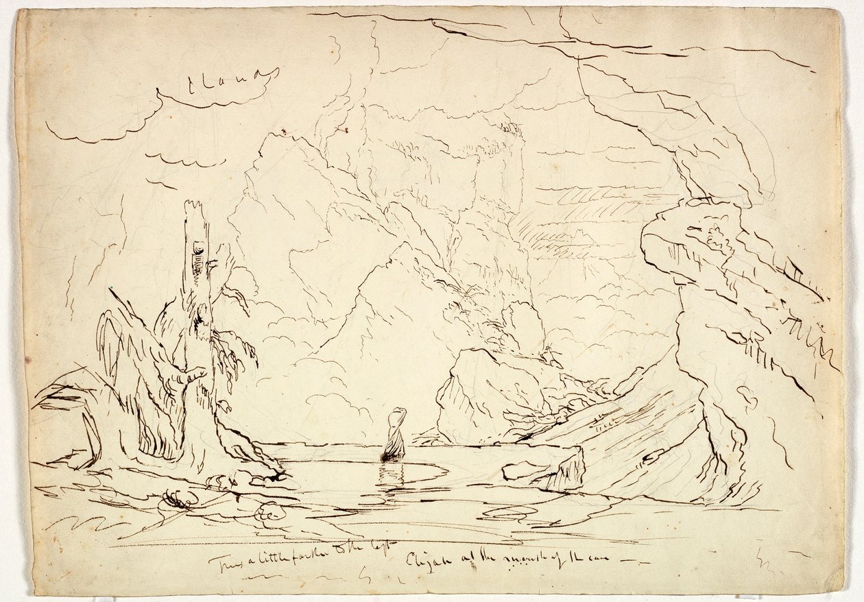 Elijah at the Mouth of the Cave, ca. 1829 (pen og blæk over grafit på papir) af Thomas Cole