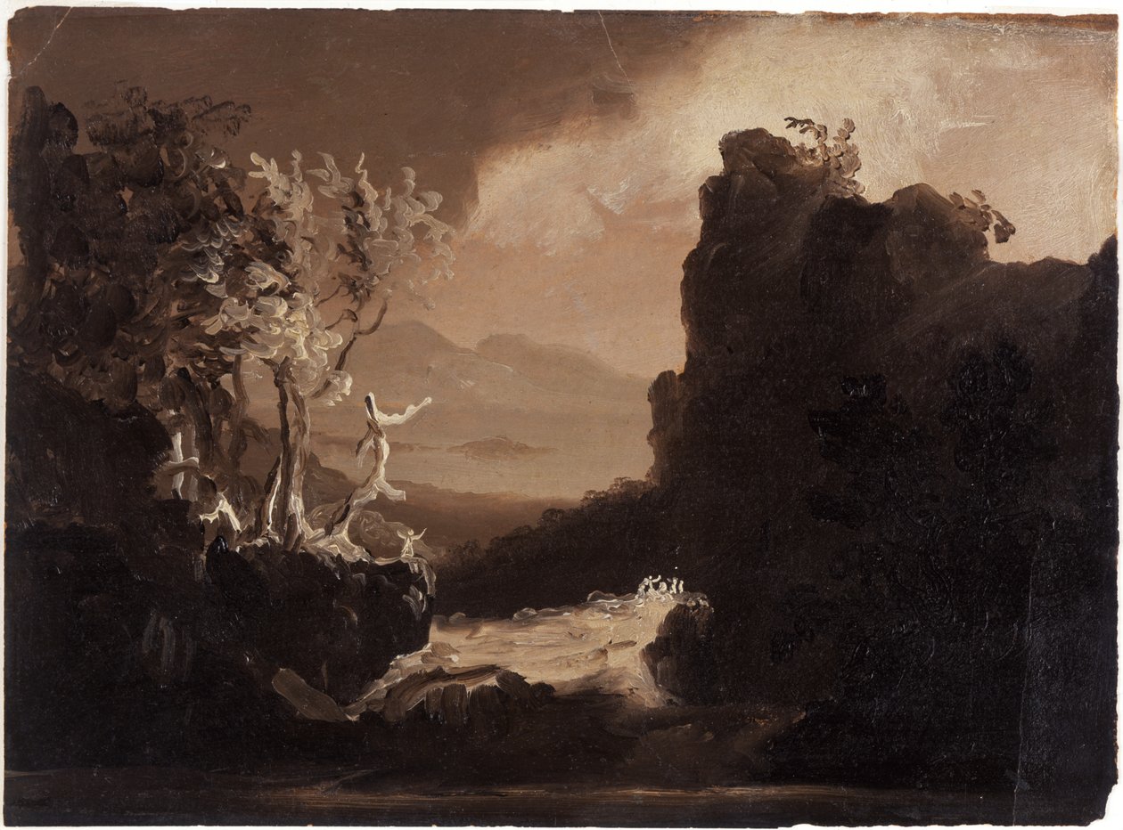 Romantisk landskab (Last of the Mohicans), 1827 (olie på papir) af Thomas Cole