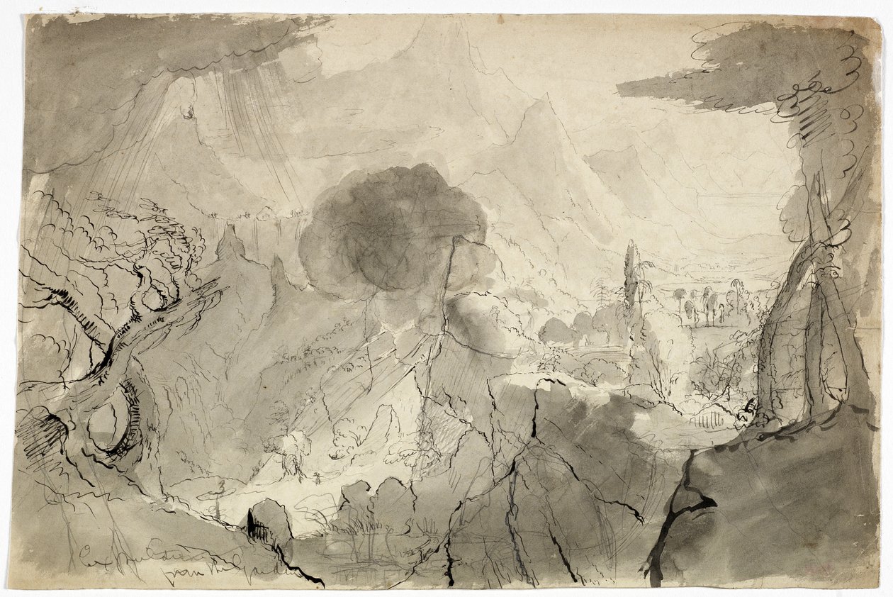Study for Expulsion from the Garden of Eden, 1828 (sort vask, pen og sort blæk og grafit på cremevævet papir) af Thomas Cole