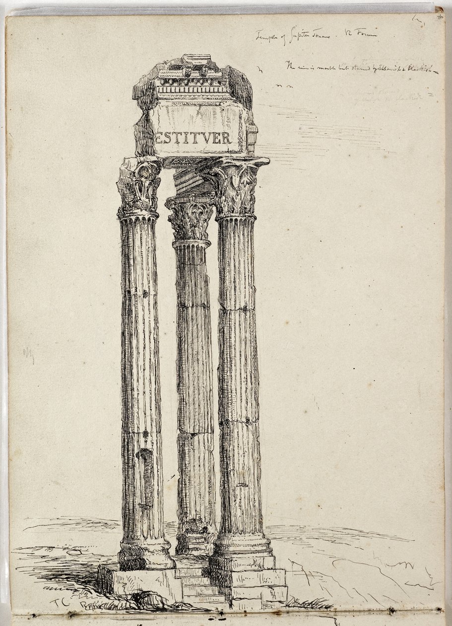 Vespasians tempel, kaldet Jupiter Tonans tempel, Roman, Forum, ca. 1831 (pen og blæk over blyant på papir) af Thomas Cole