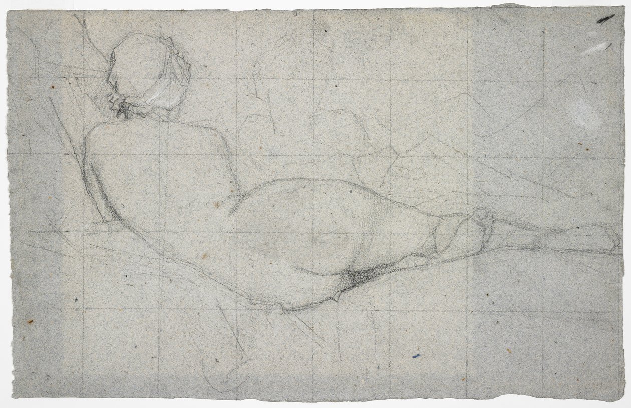 Liggende kvindelig nøgenfigur og delvist studie af en anden kvindelig figur, ca.1855-60 (sort/hvid kridt på blågråt bindet papir) af Thomas Couture