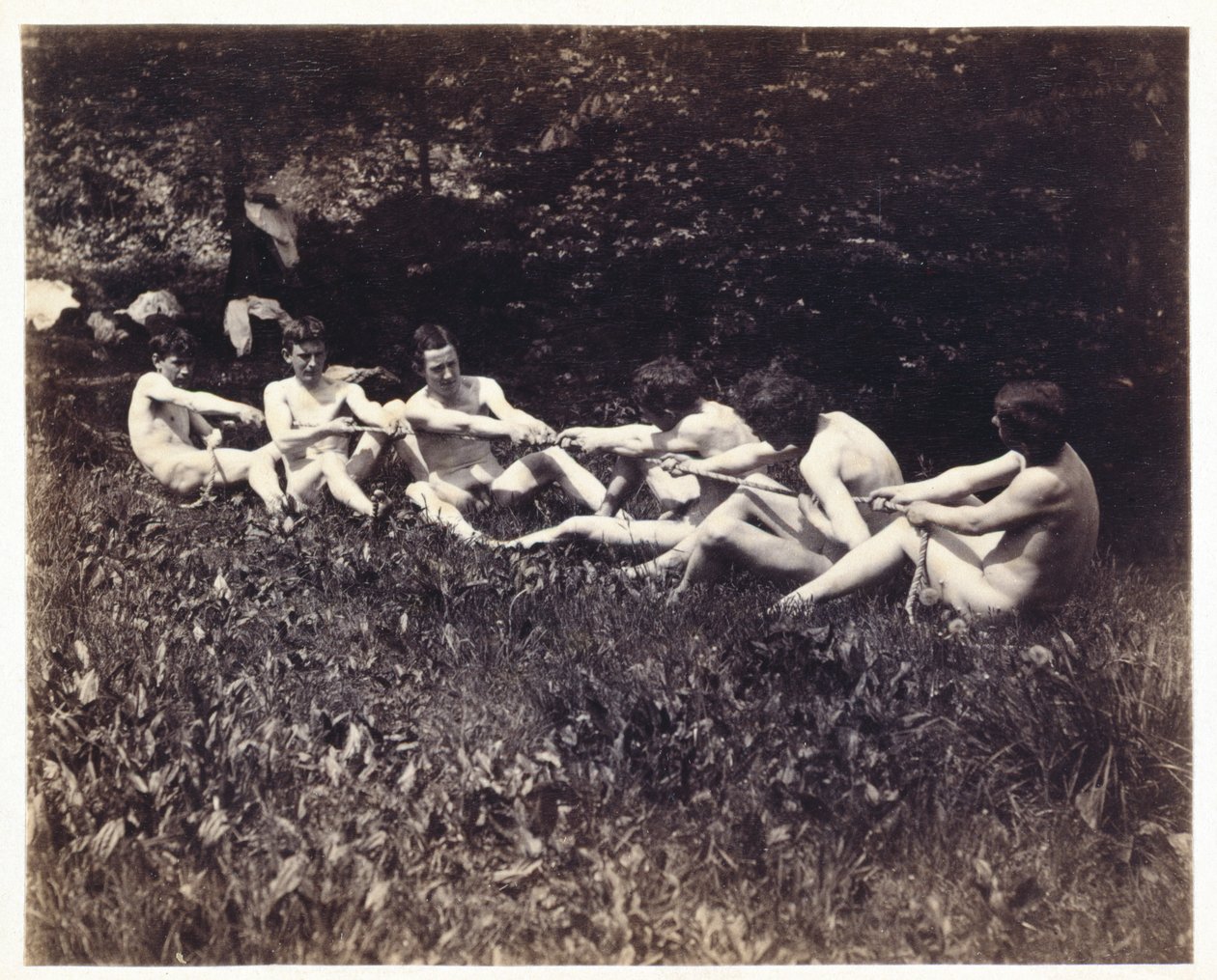 Mandlige nøgenbilleder i siddende tovtrækkeri, ca. 1883 (albumin print) af Thomas Eakins